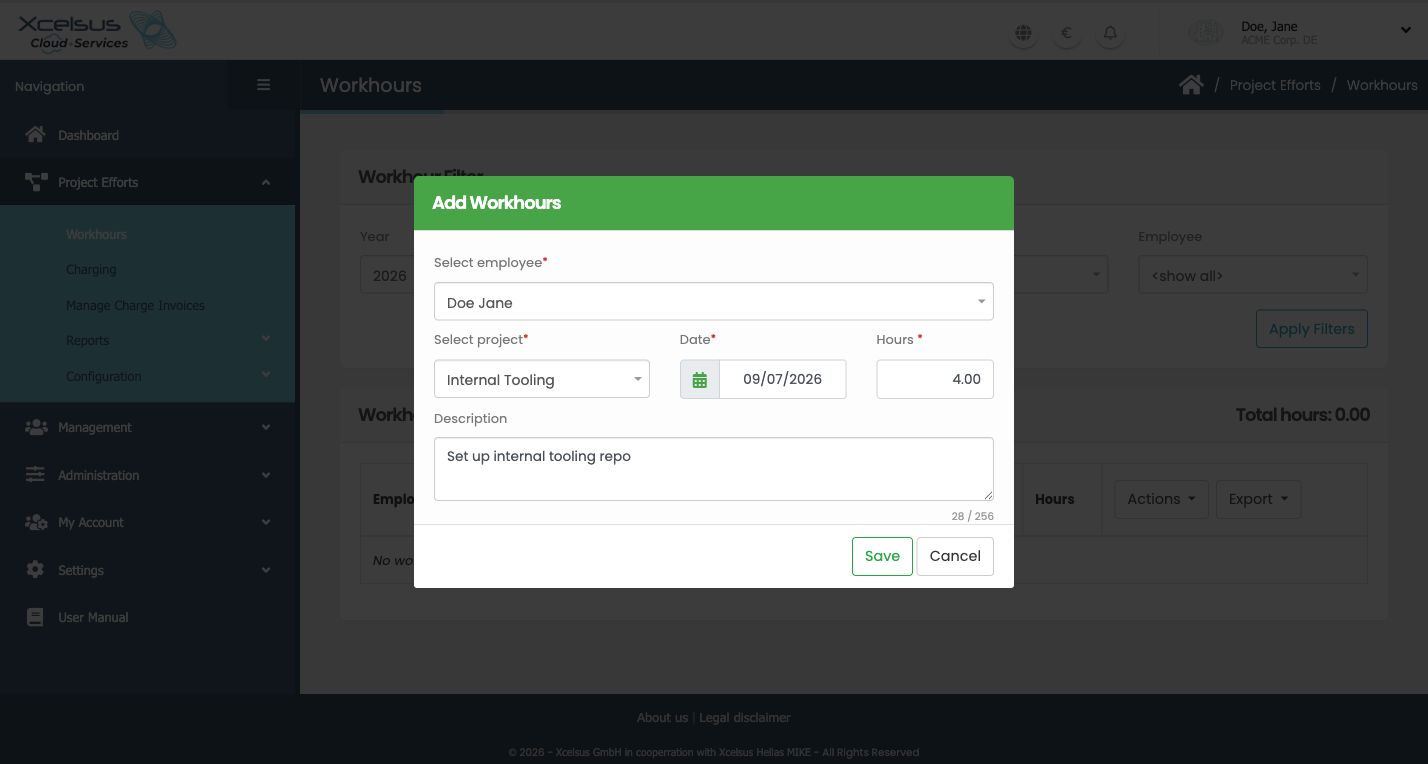 Add Workhours dialog