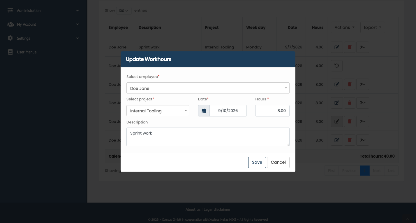 Update Workhours dialog
